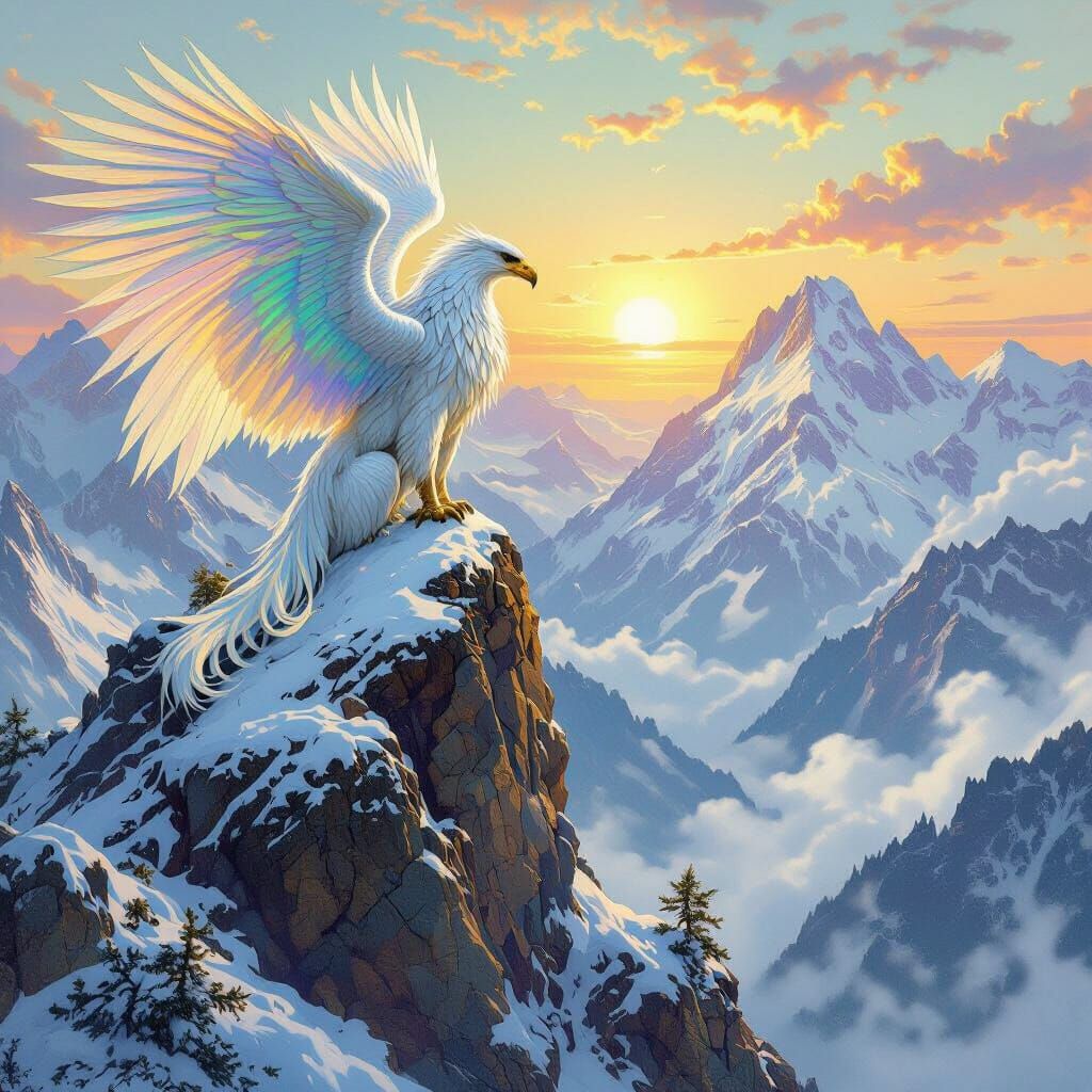 Iridescent Griffin Overlooks Misty Valley: Art Nouveau Fanta...