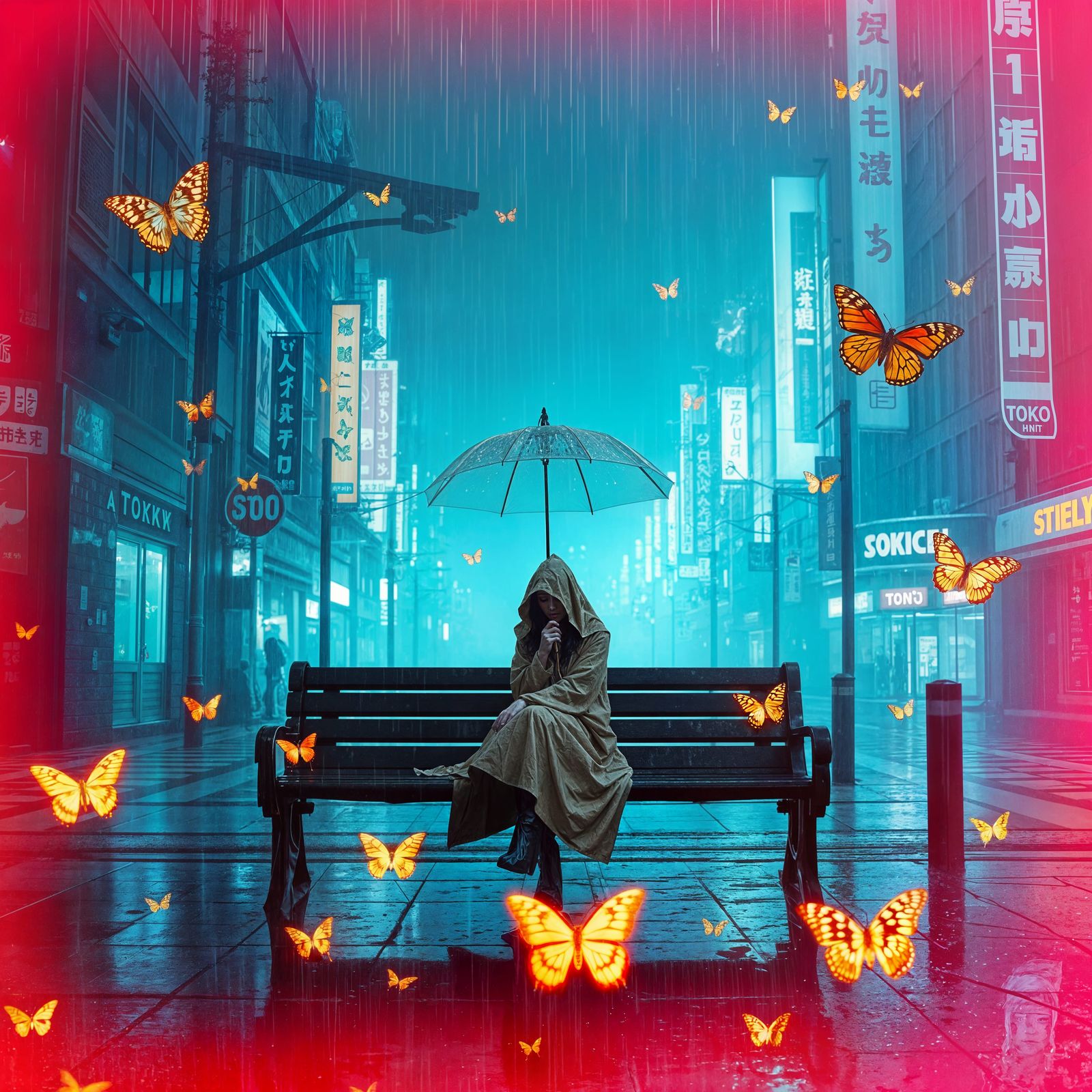 Ethereal Tokyo Encounter: Woman in Liminal Space with Butter...