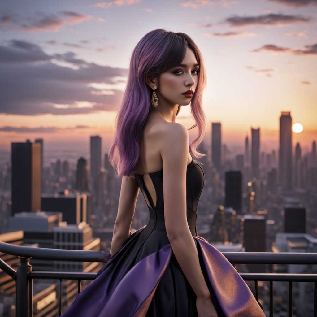 Figure Silhouetted in Art Deco Cityscape at Sunset