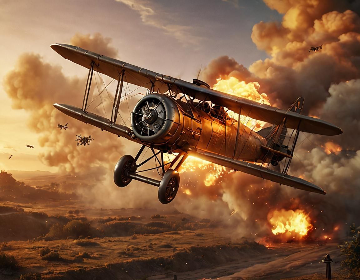 Steampunk Biplane Dogfight in Golden Hour Light
