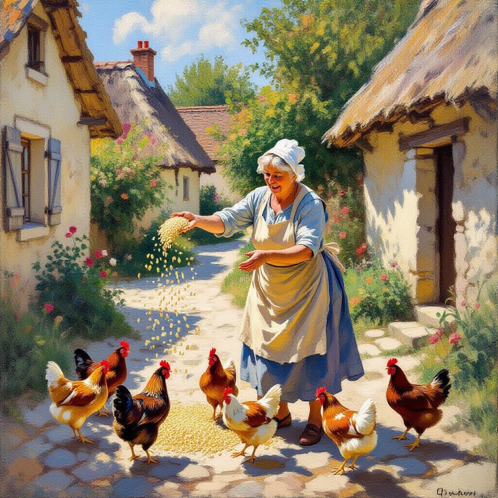 Elderly Woman Feeds Chickens in French Village