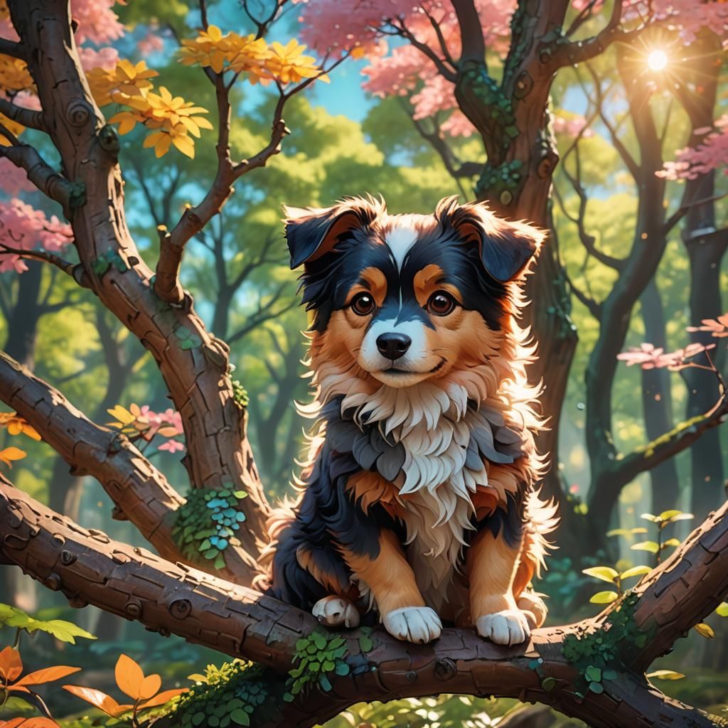 Cute Dog in Whimsical Forest, Anime Style