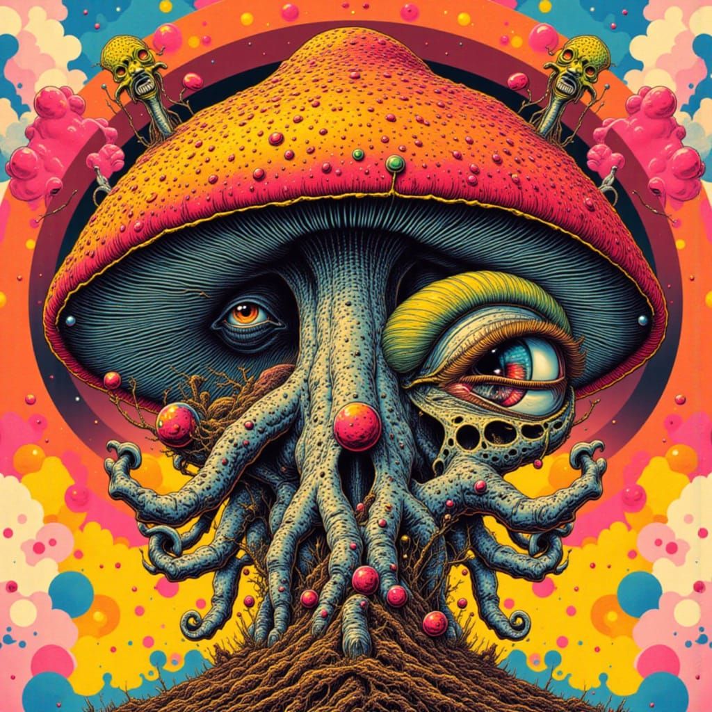 <lora:Pink elephants:1.0> <lora:eye in the sky:1.0> Hurdy-gurdy mushroom man <lora:Pulp Cover Art:1.0>