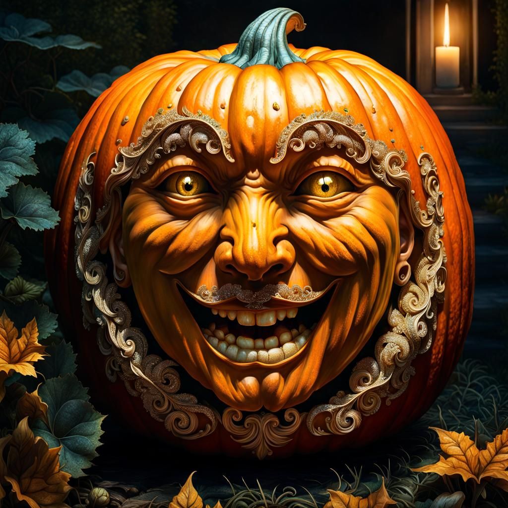 Medusa Pumpkin Face in Garden, Surreal Oil Painting
