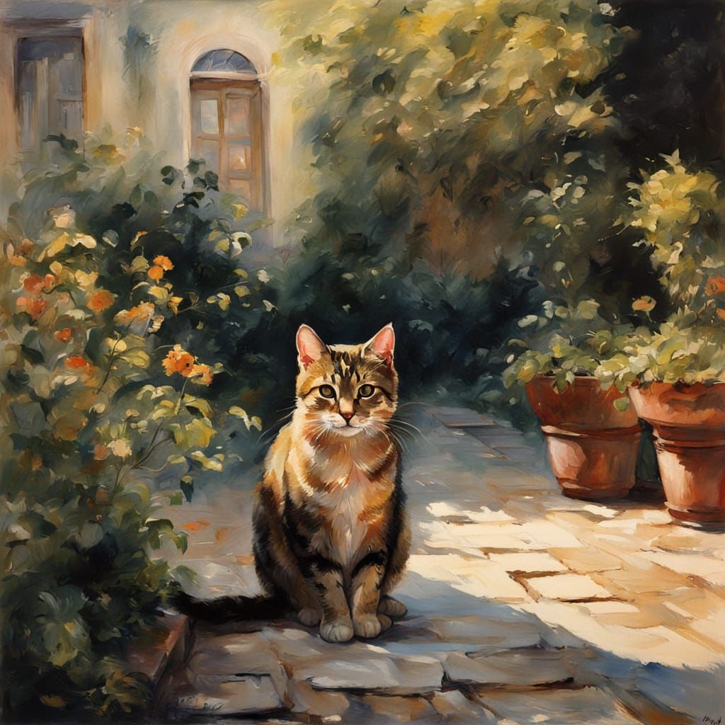 Tabby Cat in Courtyard as Gouache Painting