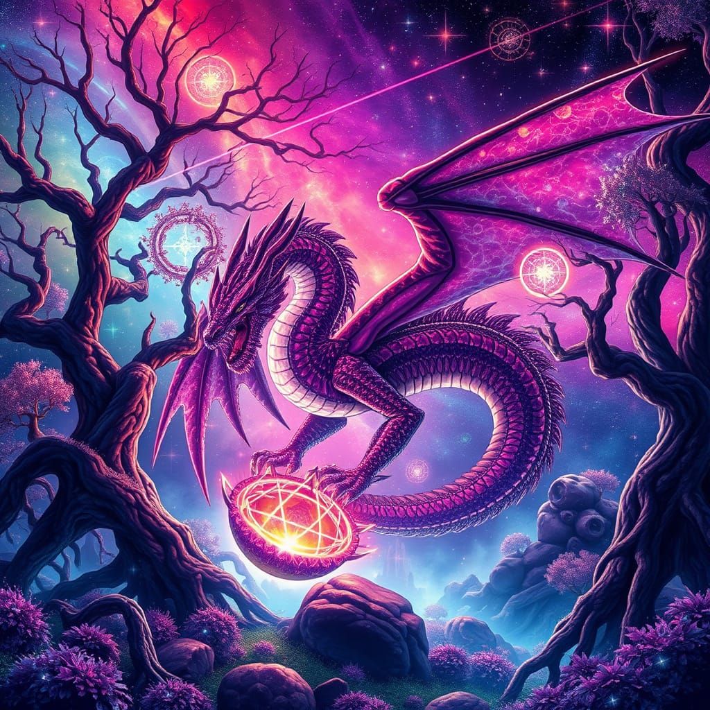 Cosmic Dragon in Jewel-Toned Garnet Forest