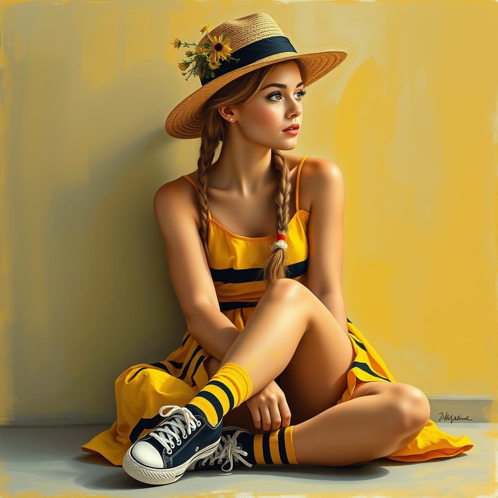 Elegant Young Woman in Yellow Striped Dress with Blonde Brai...