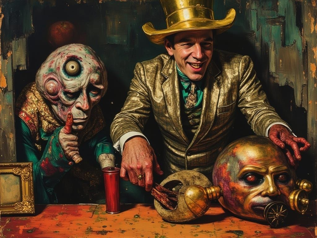 Theatrical Absurdity in Oil Painting Style