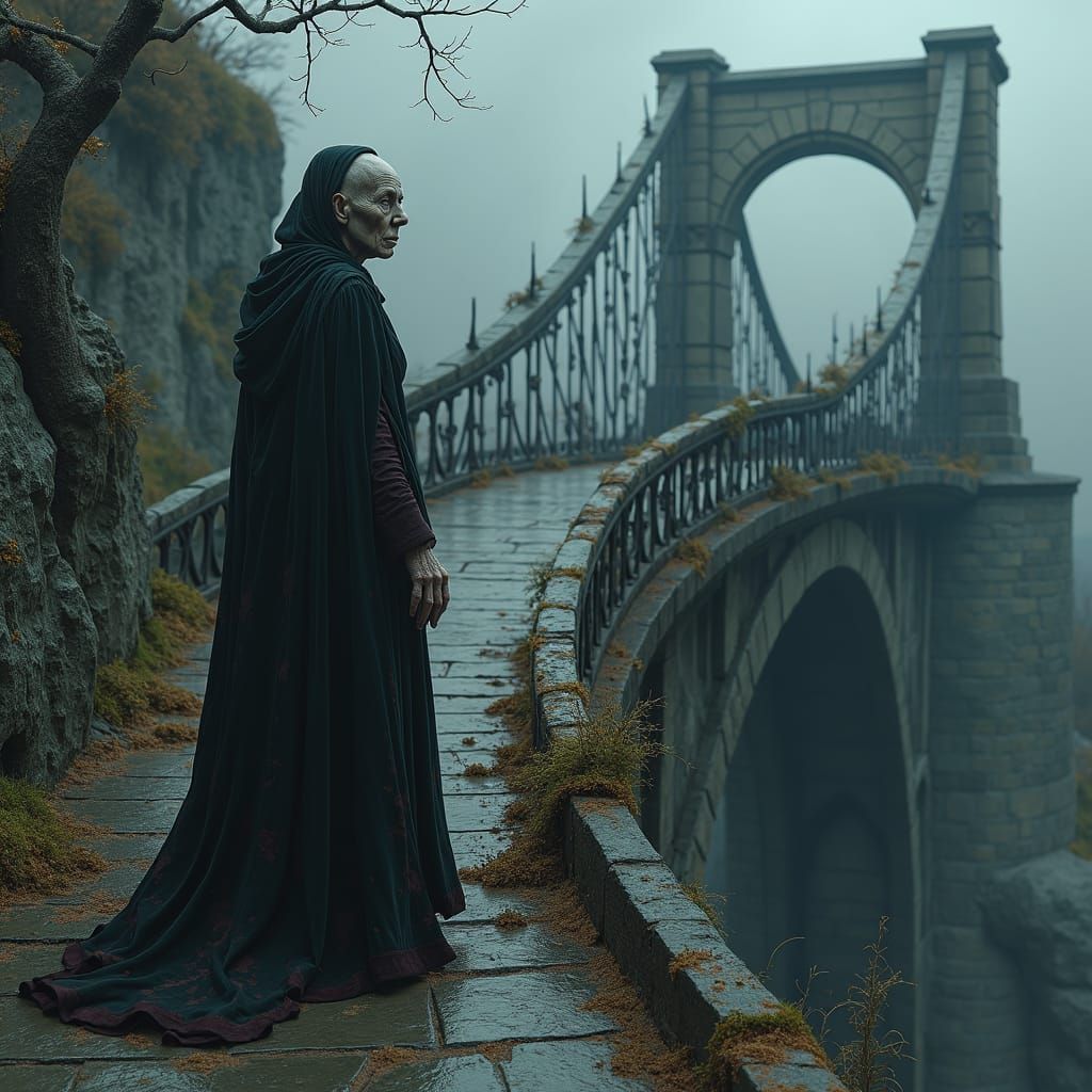 Gothic Bridge: Elderly Woman's Anguish in Dark Fantasy Style