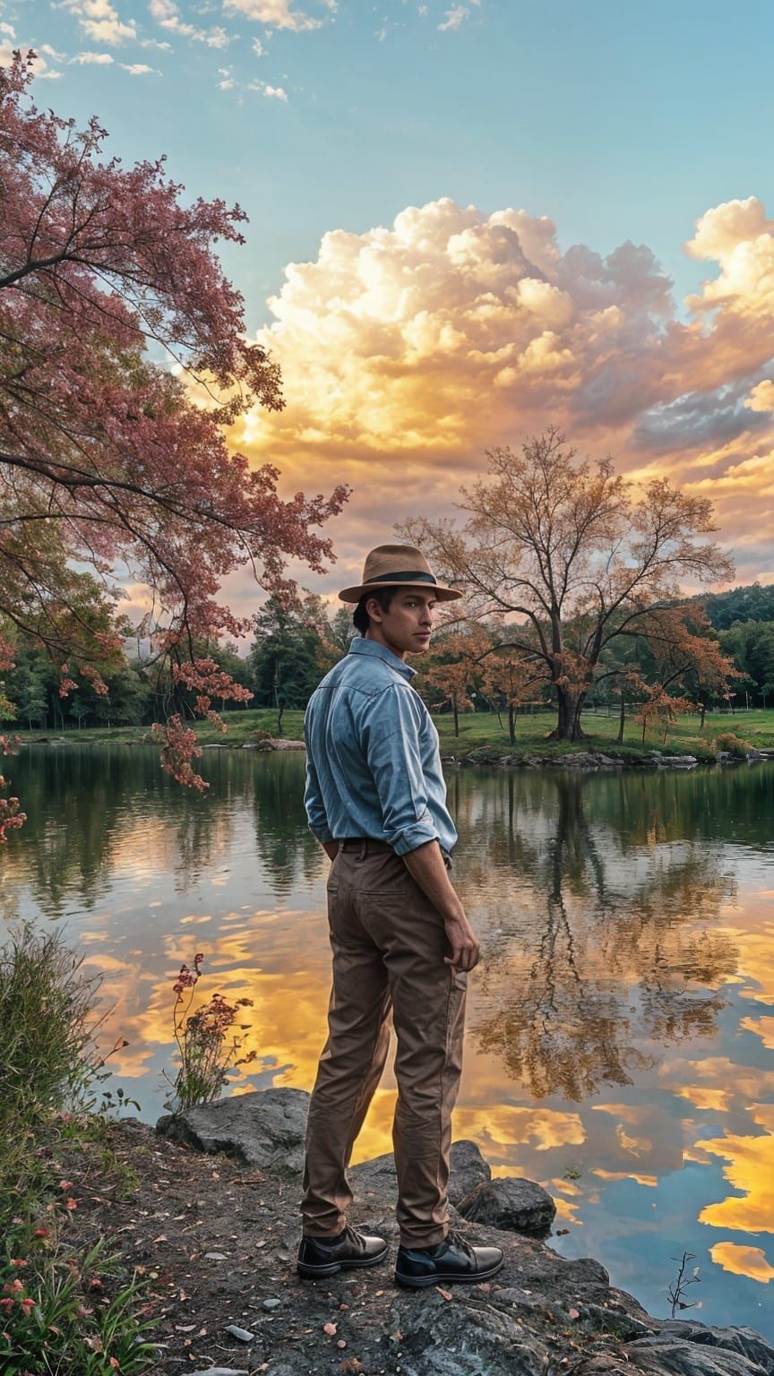 Man Contemplating Nature by Serene Lake in Golden Light