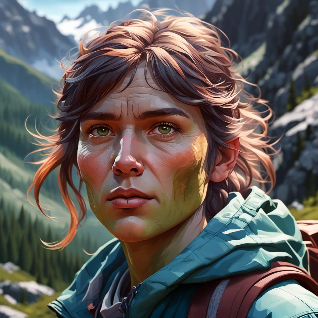 Lost Hiker Portrait in Hyperdetailed Art Nouveau Style