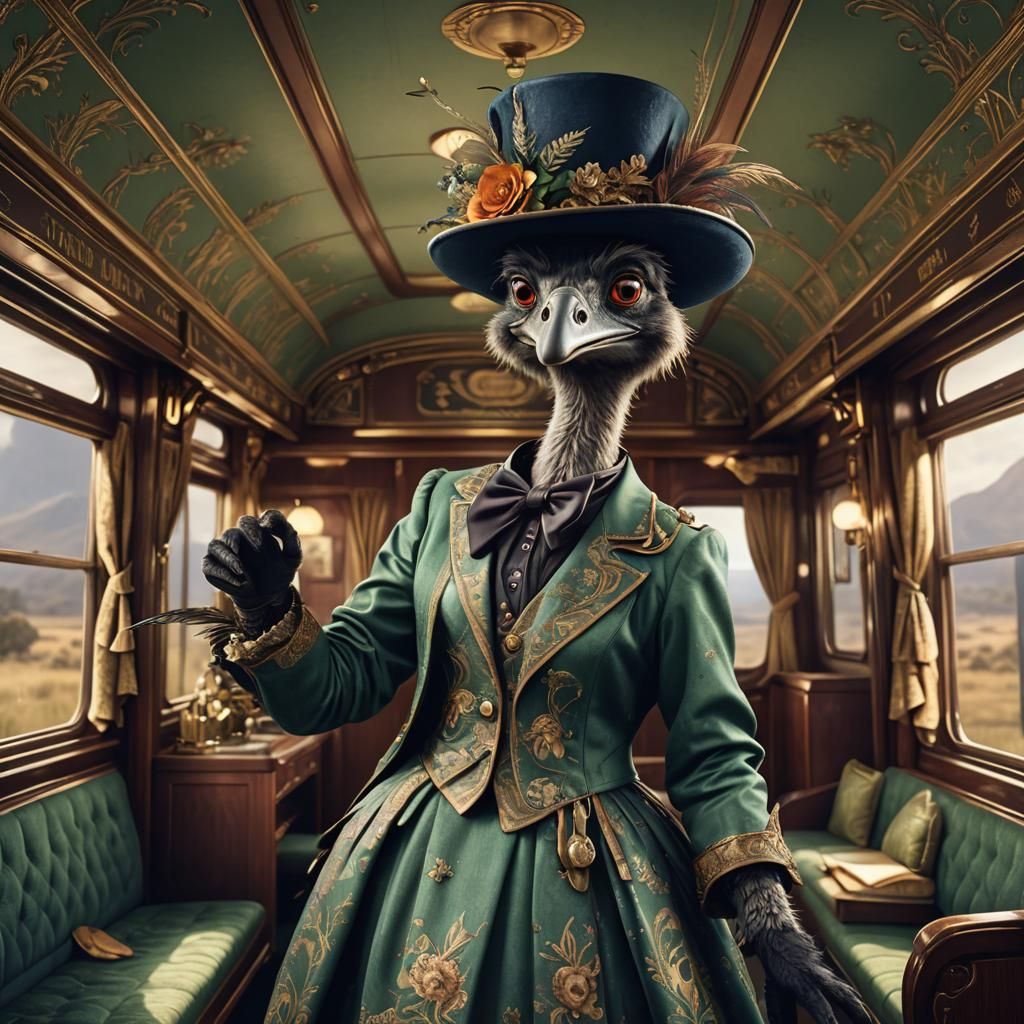 Anthropomorphic emu named Evelyn, wearing a poetic, elegant ...