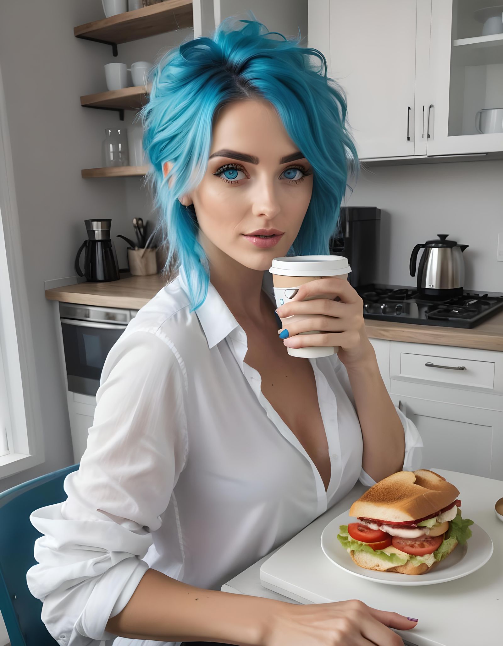 Blue-Haired Woman Enjoying Morning Coffee