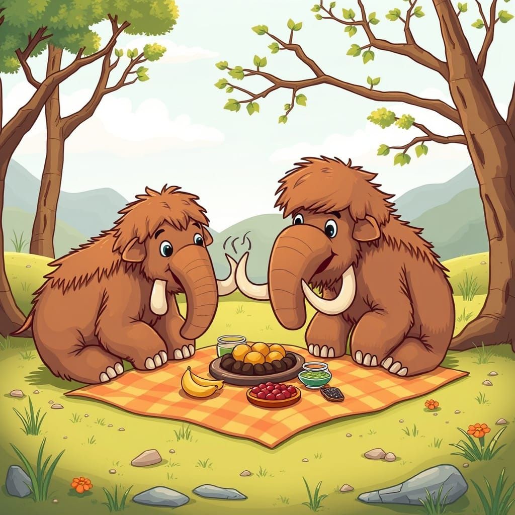 Colorful Cartoon Woolly Mammoths Enjoy a Summer Picnic