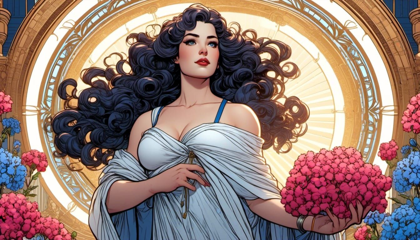 Woman in Toga Surrounded by Flowers in Comic Style