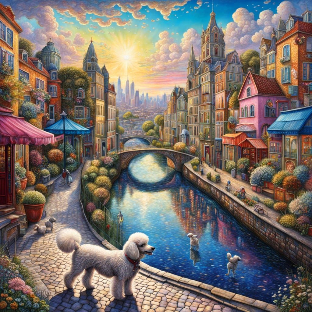 Anthropomorphic Dog Walks Poodle in Hyperdetailed Cityscape