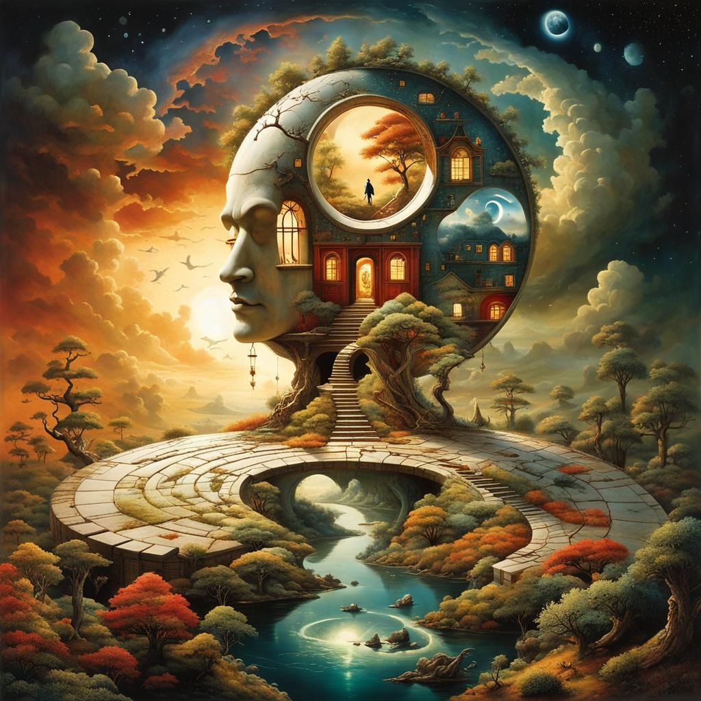 Surreal Stargate Scene with Bonsai and Cottages