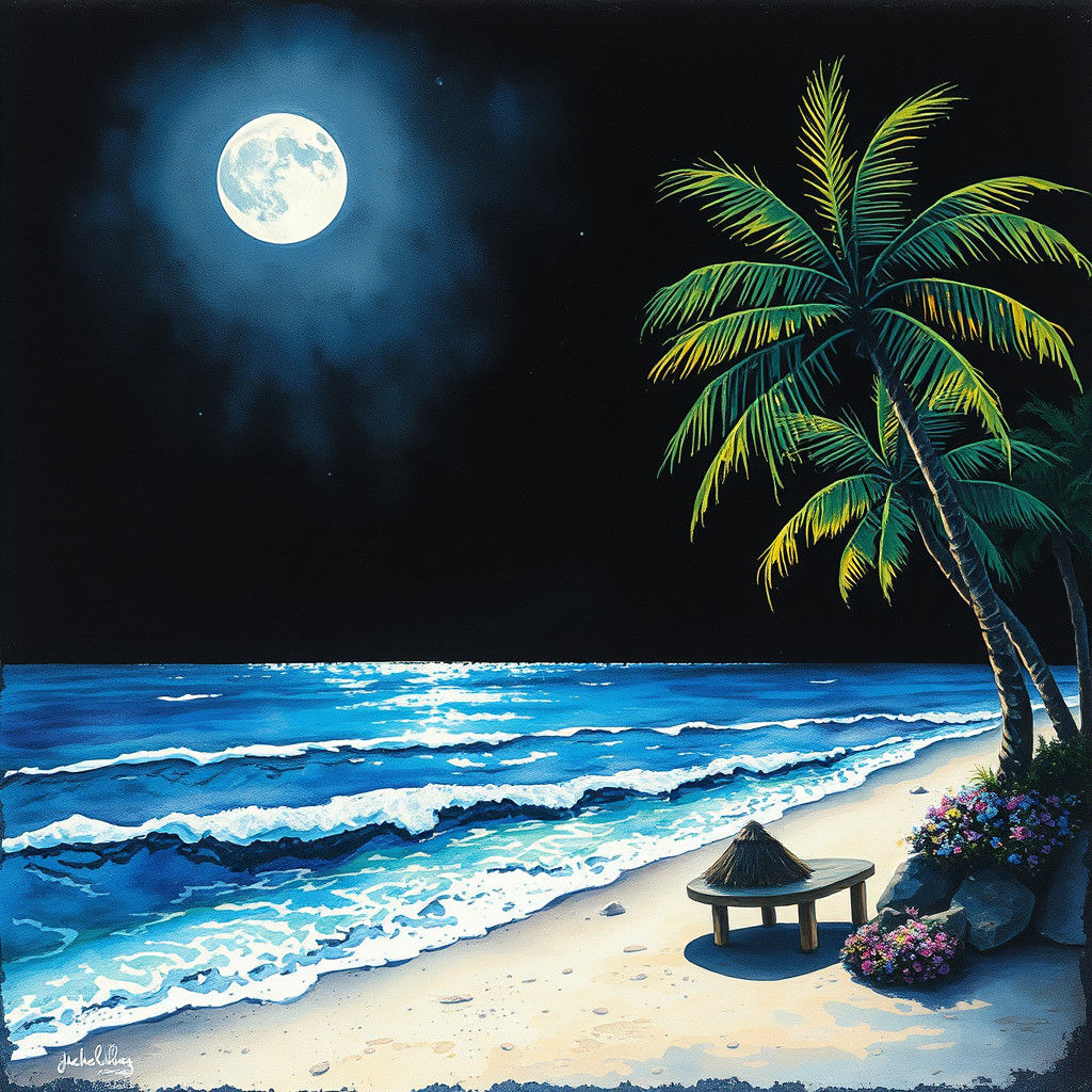 Moonlit Tropical Beach with Watercolor Ink Splatter