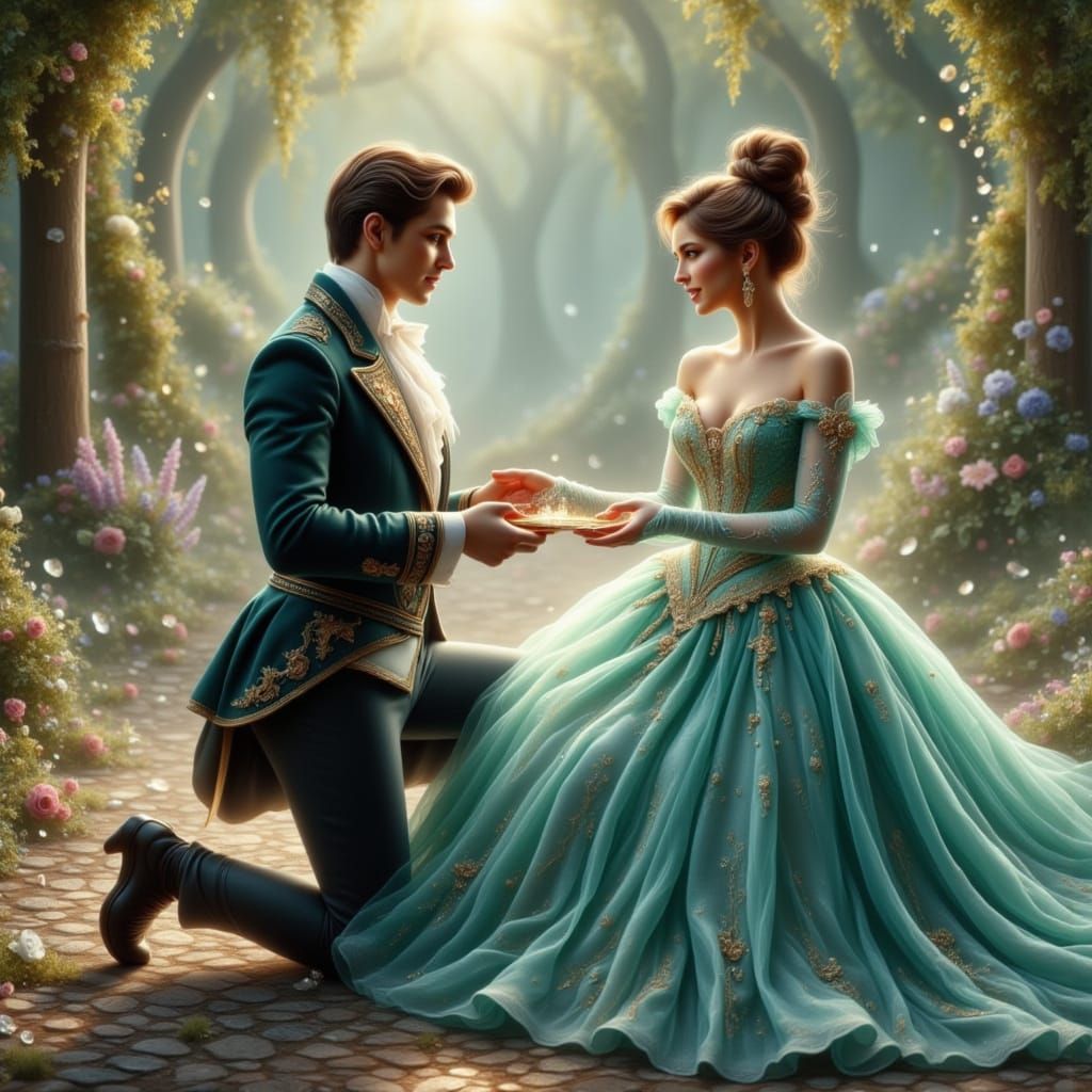 Fantasy Prince Offers Hand to Princess in Dreamy Scene