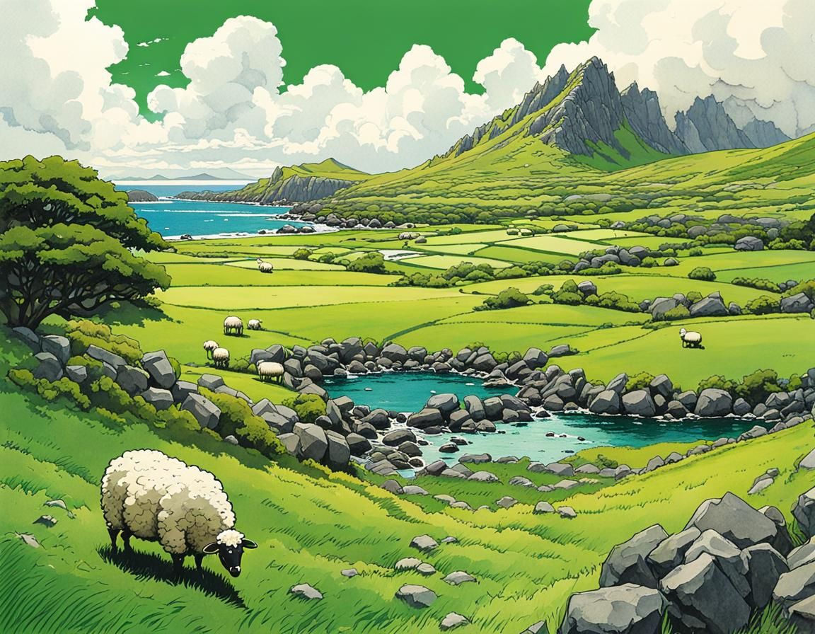 Connemara Coast: Verdant Fields and Sheep in Watercolor
