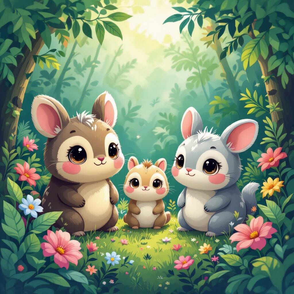 Kawaii Jungle Creatures in Storybook Illustration