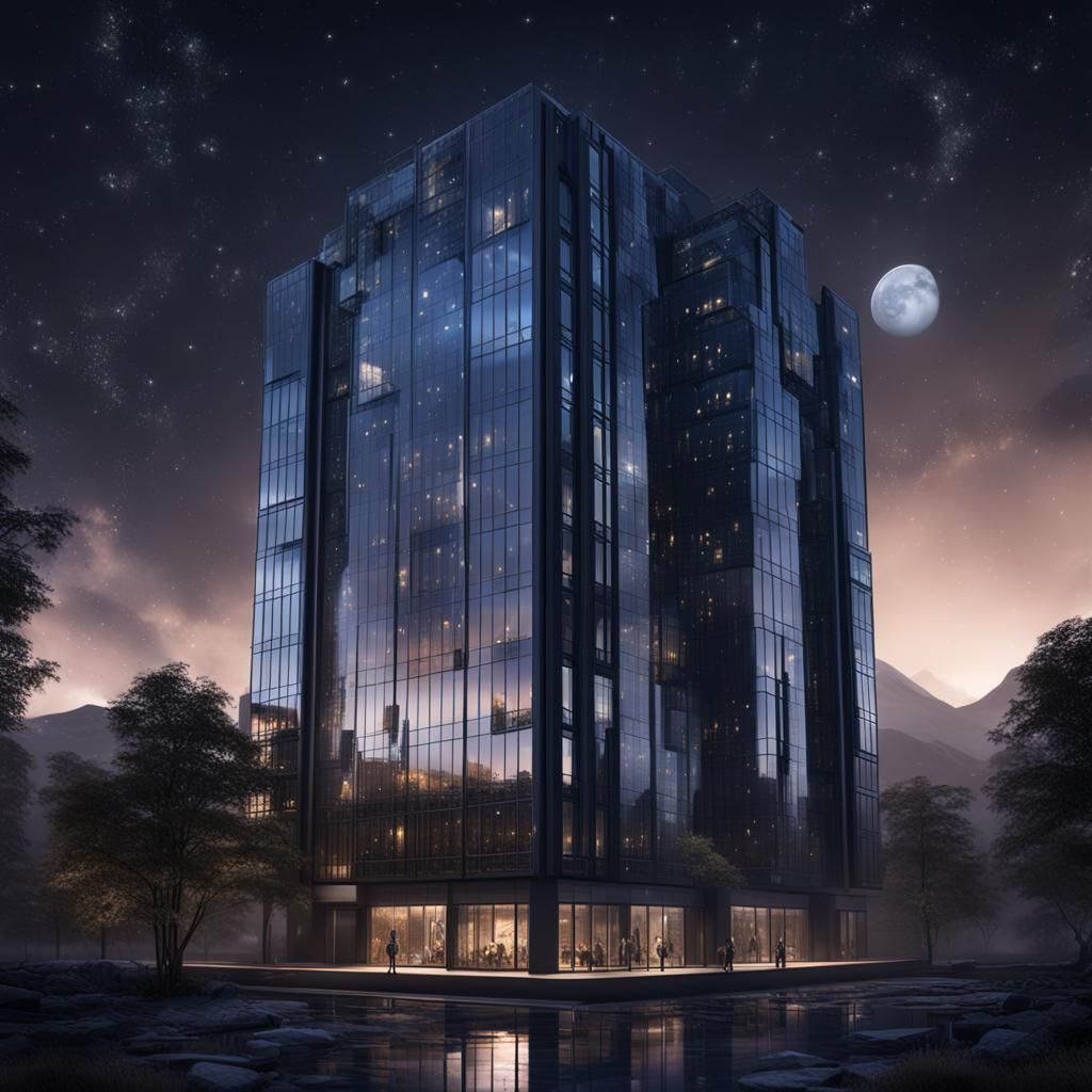 Glass Building Reflecting Moonlit Night Sky