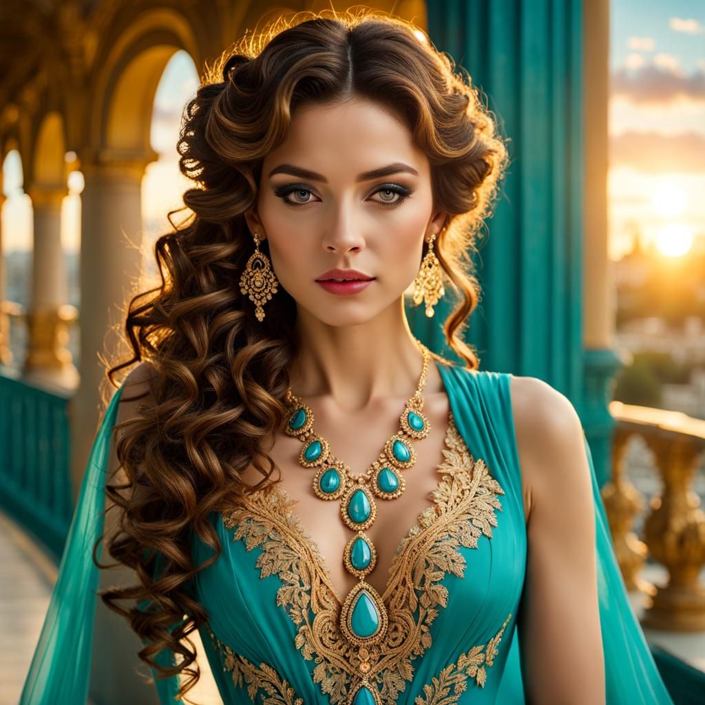 Woman in Turquoise Gown: A Klimt-Inspired Portrait