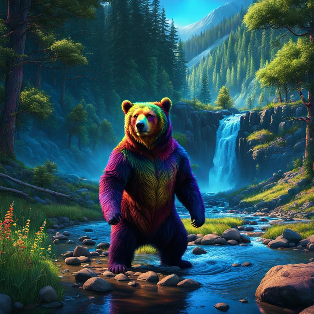 Rainbow Bear Catching Salmon: Detailed Fantasy Art
