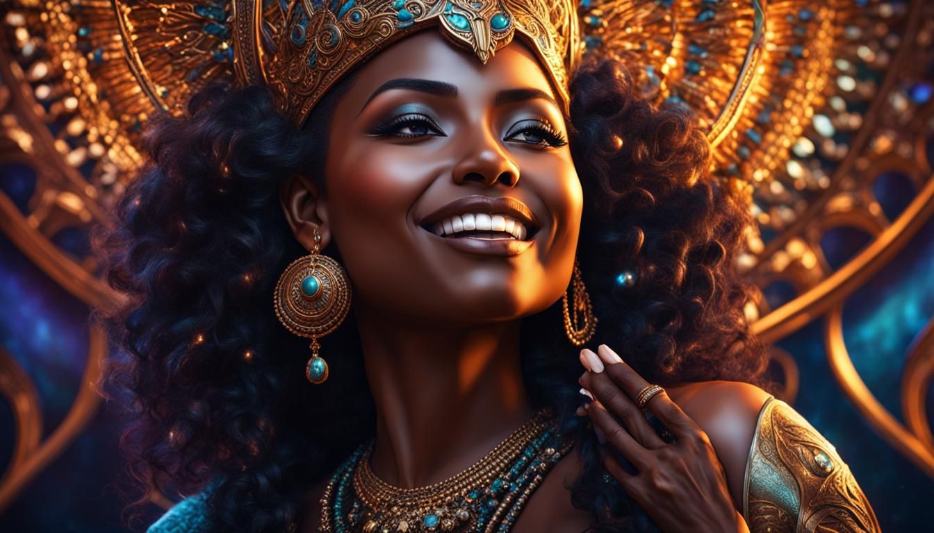 Radiant Dark Goddess Smiles: 3D Digital Art