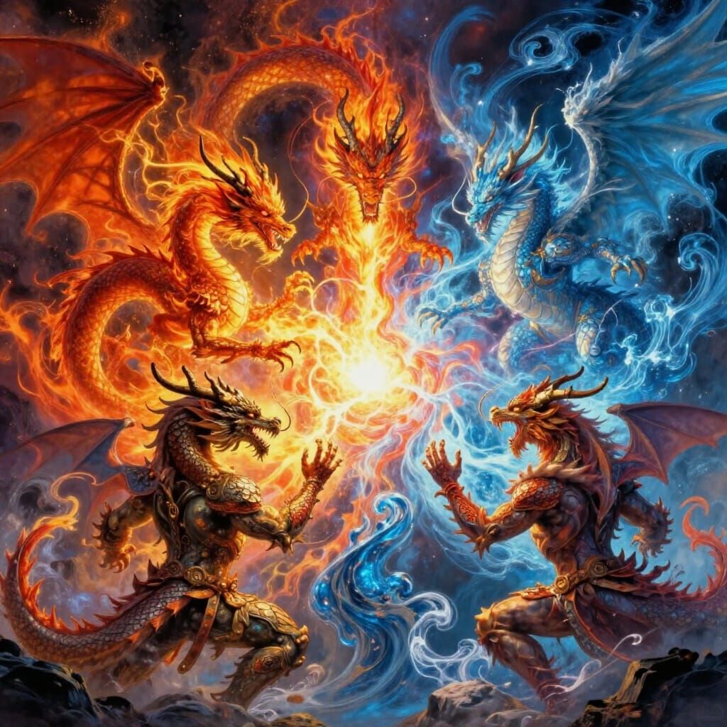 Elemental Dragons Converge in Epic Fantasy Illustration