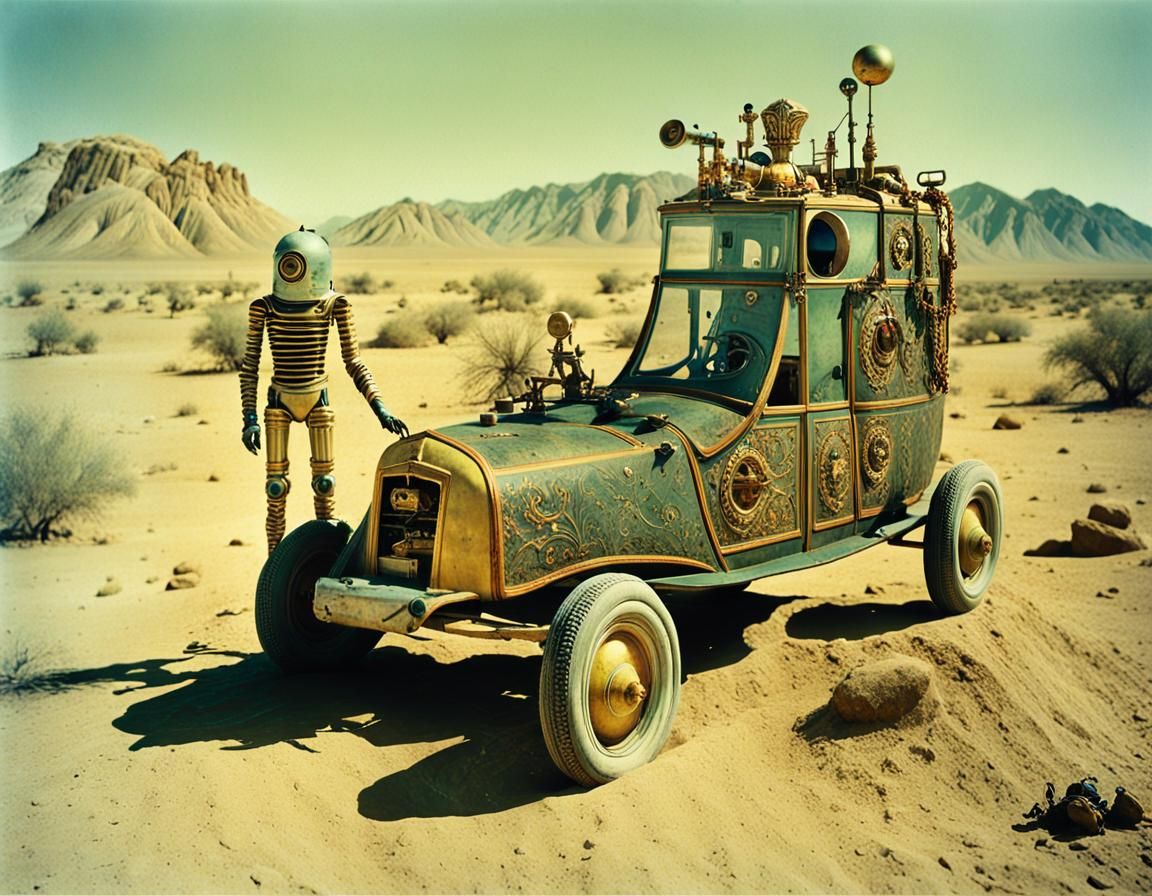 Mechanical Figure in Desert Landscape: Surreal Color Photo