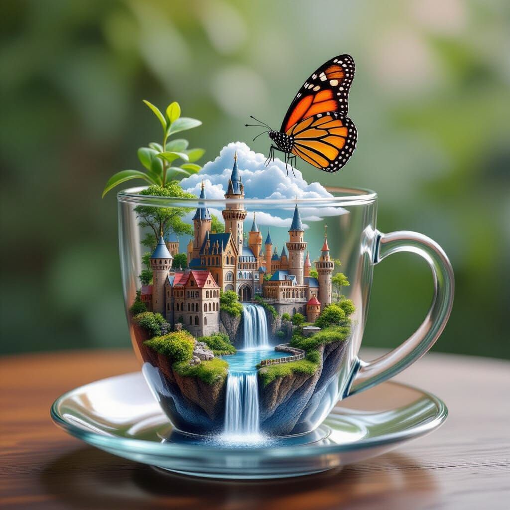 Miniature City in Glass Cup with Waterfall