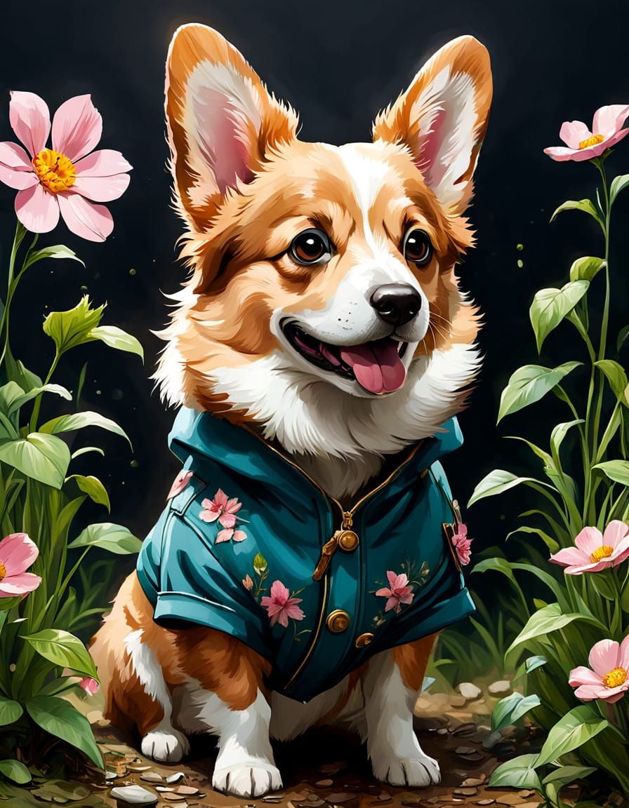 Adorable Corgi in Vibrant Floral Spring Attire, Digital Pain...