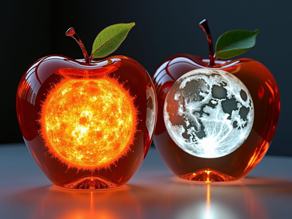 Glass Apples with Sun and Moon: Hyperrealistic Close-Up