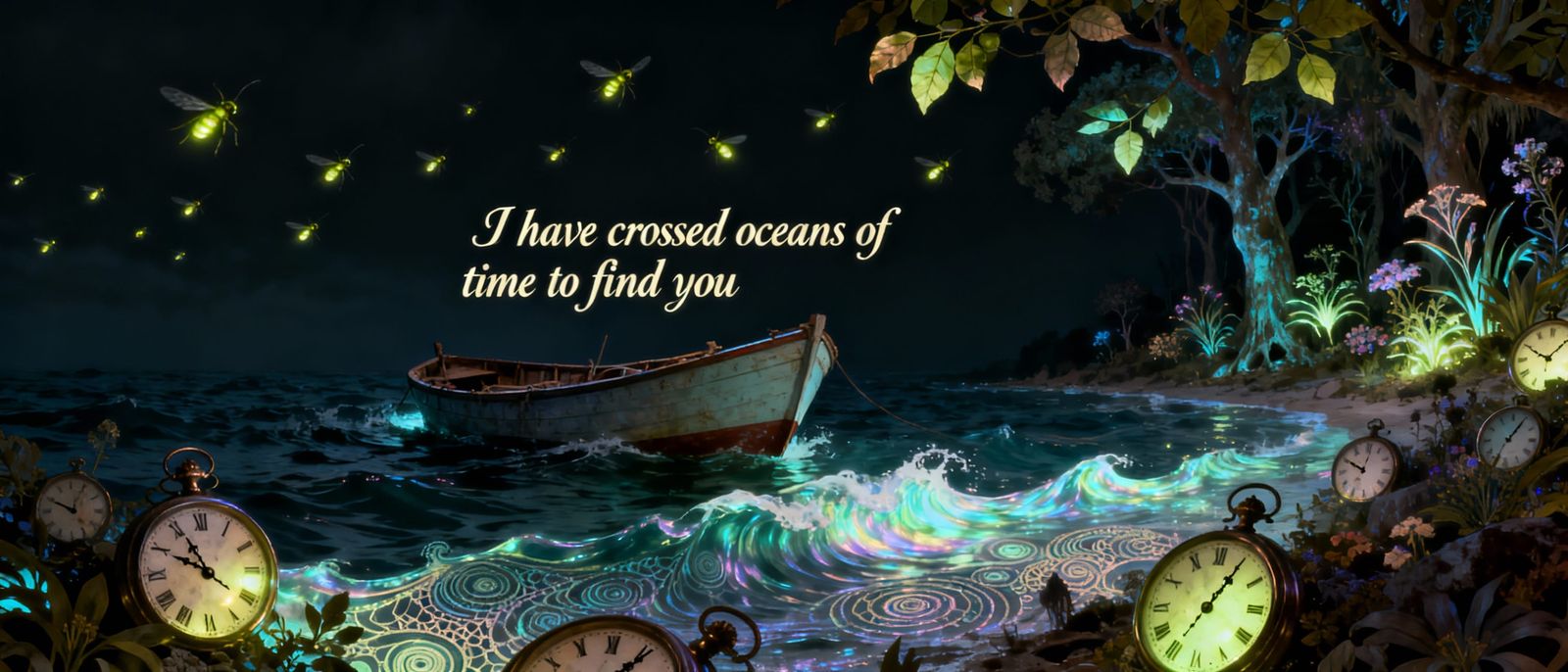 Surreal Horror Boat in Ocean of Time, Fractal Clocks