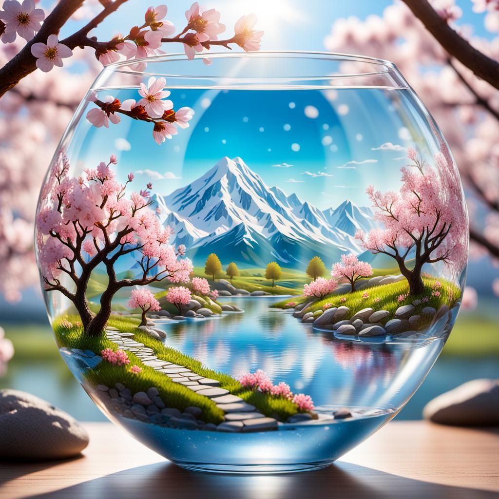 Miniature Spring Landscape Inside Glass of Water