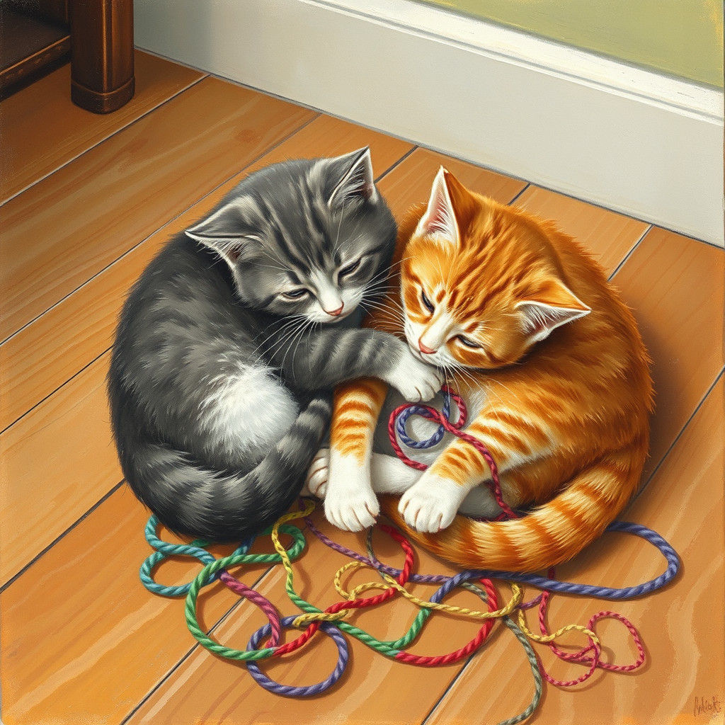 Playful Kittens with Yarn in Gouache Painting Style