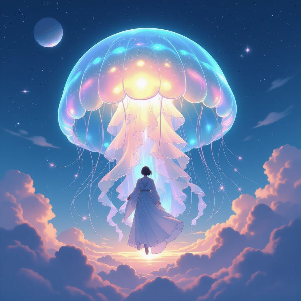Iridescent Jellyfish Drifting Through an Alien Sky