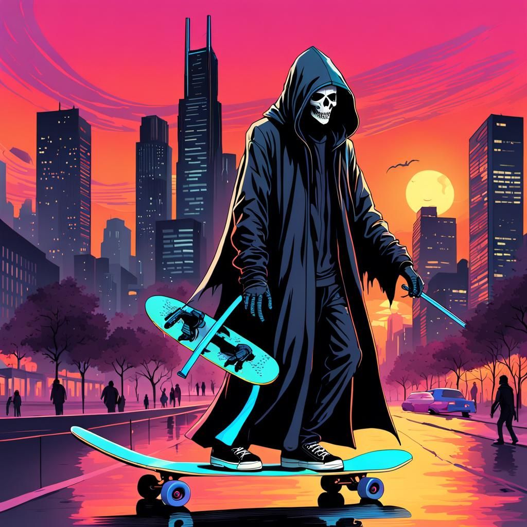 Grim Reaper Skateboarding in a Cyberpunk Cityscape