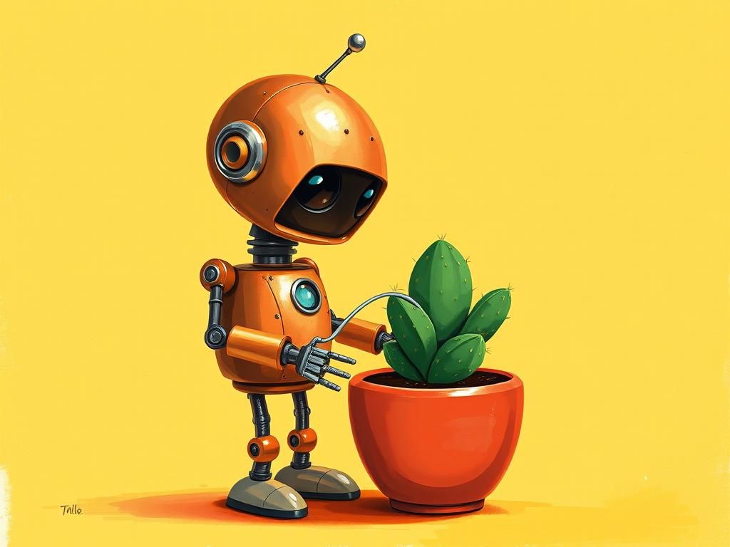 Copper Robot Waters Cactus: Retro-Futuristic Art