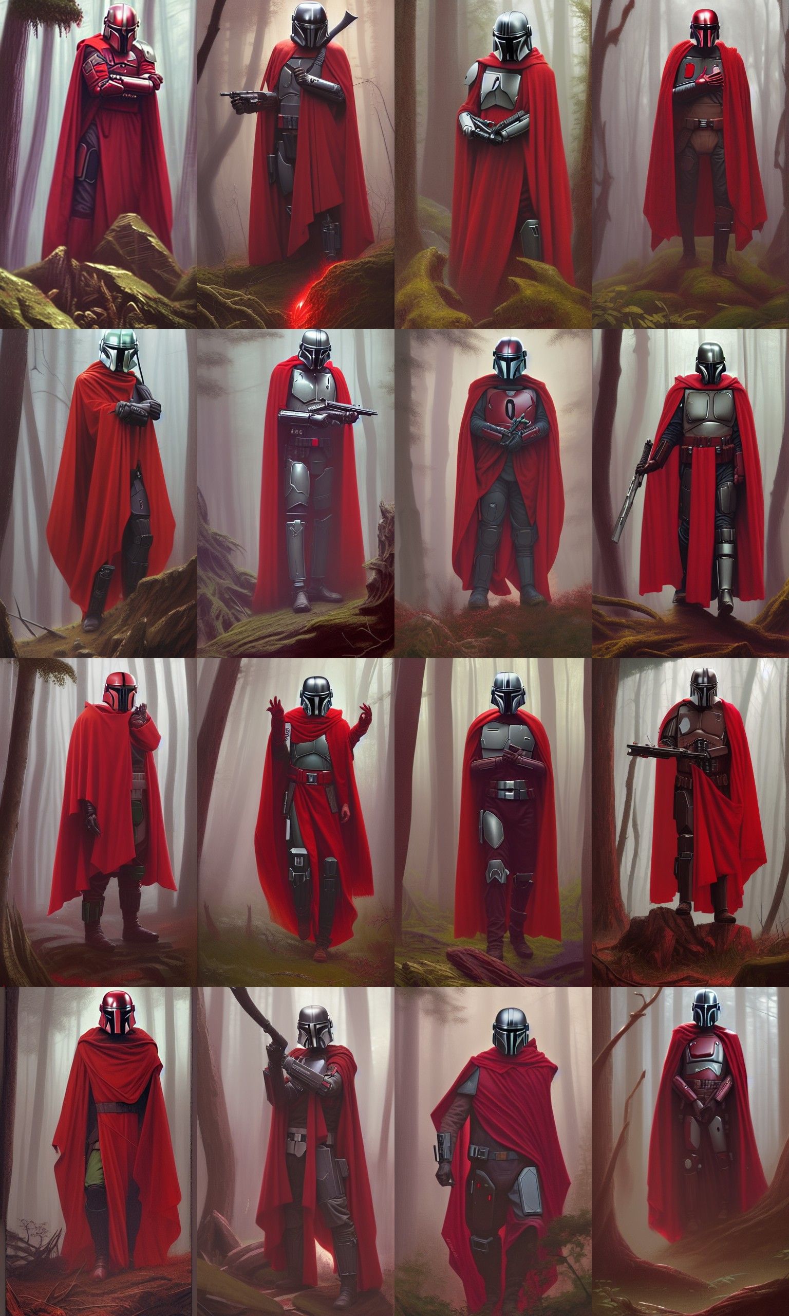 Mandalorian in Red Cloak, Hyperdetailed Forest Scene
