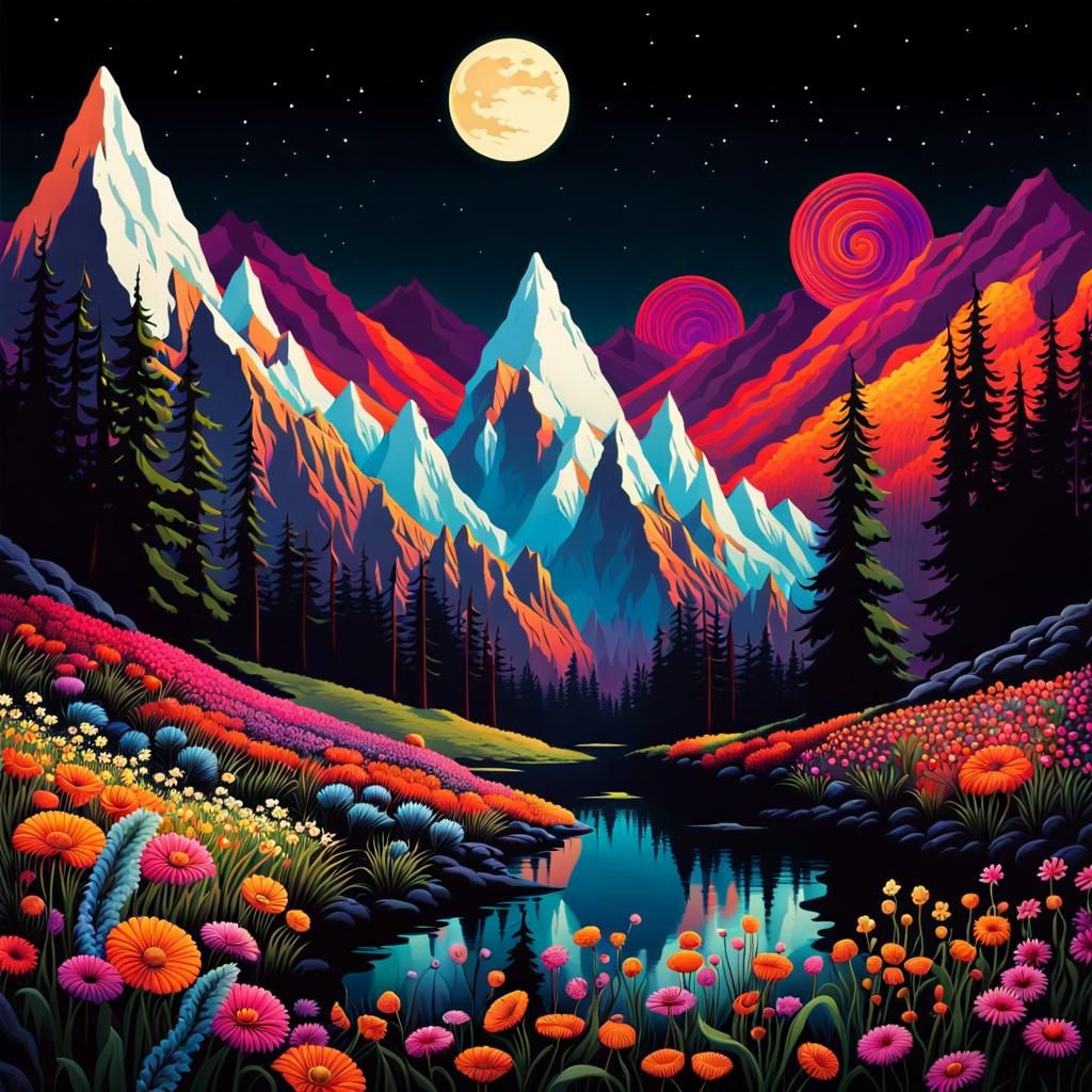 Whimsical Mountain Landscape with Occult Symbols