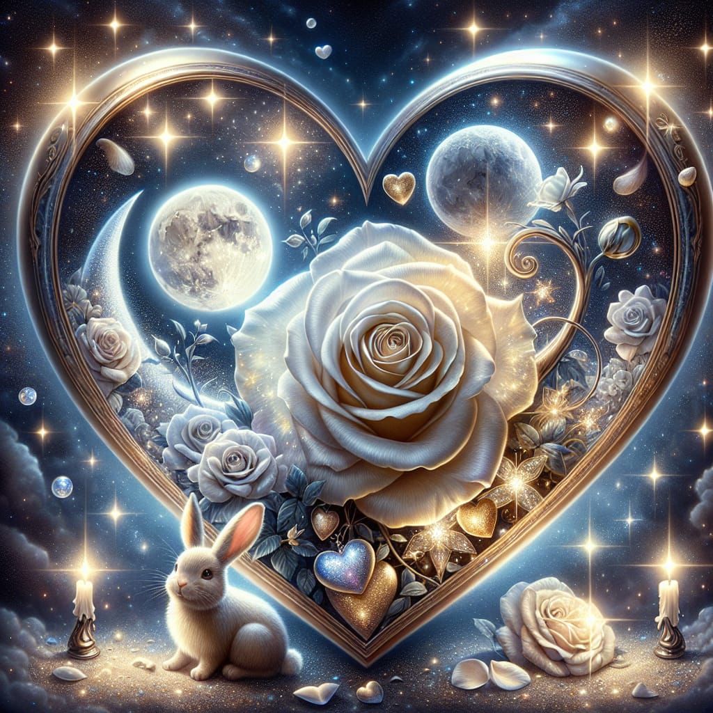 Enchanted Heart Scene with Rose, Moon, and Rabbit
