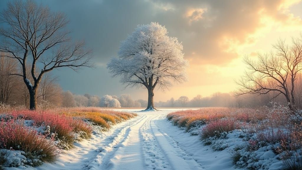 Spring Blooms Meet Winter Frost in Dual Landscape