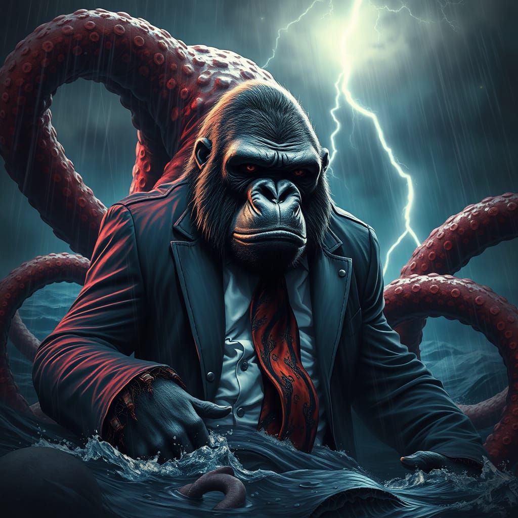 Cthulhu's Tentacles Engulf Gorilla in Ocean Depths