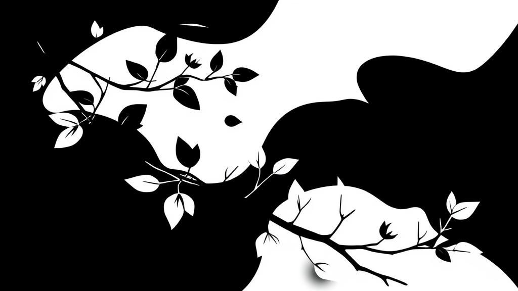 Abstract Black and White Shape with Leaves