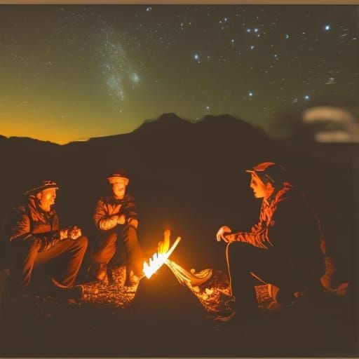 Starry Night Campfire: Hyperrealistic Surrealist Painting