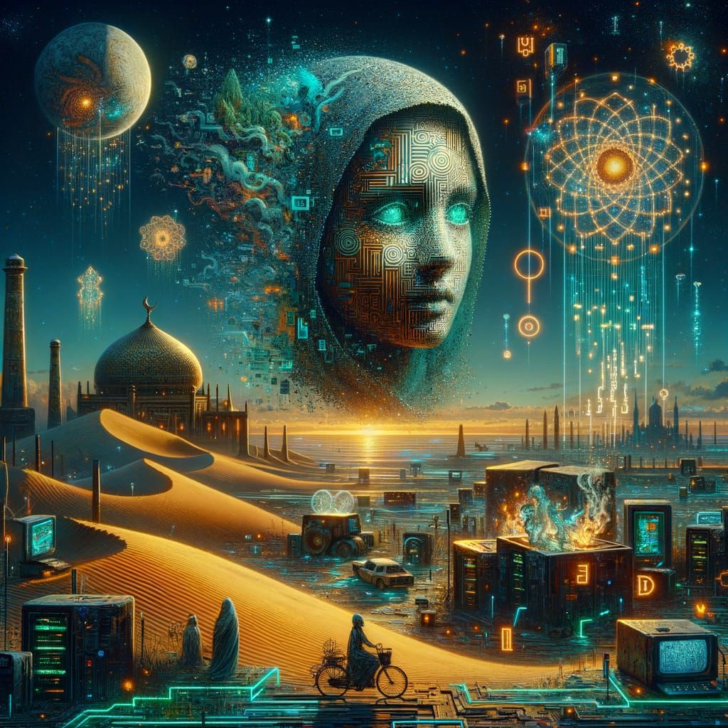 Cyberpunk Hologram Floats Above Desert of Shattered Server F...