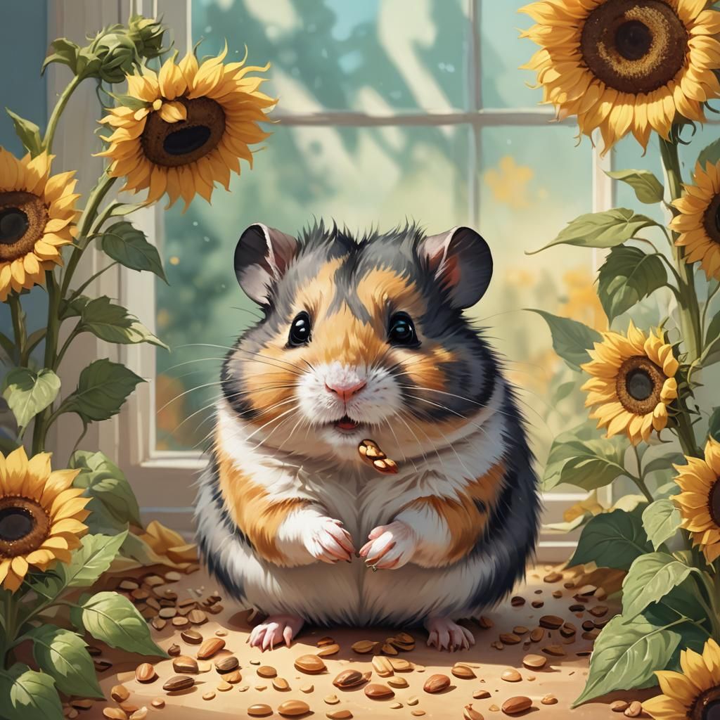 Chubby Hamster Eating Seed in Storybook Style