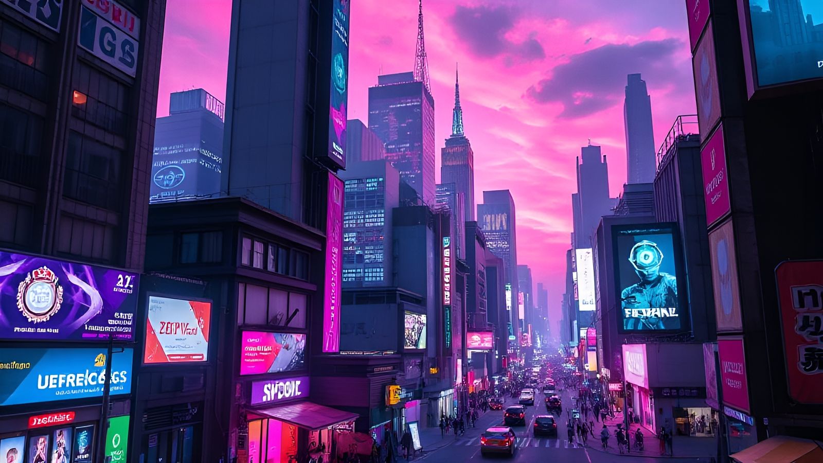 Cyberpunk Metropolis in Neon Pink and Purple